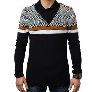 LCR‎ Black Edition Men's Shawl Neck Knit Sweater Geometric Blue Long Sleeve